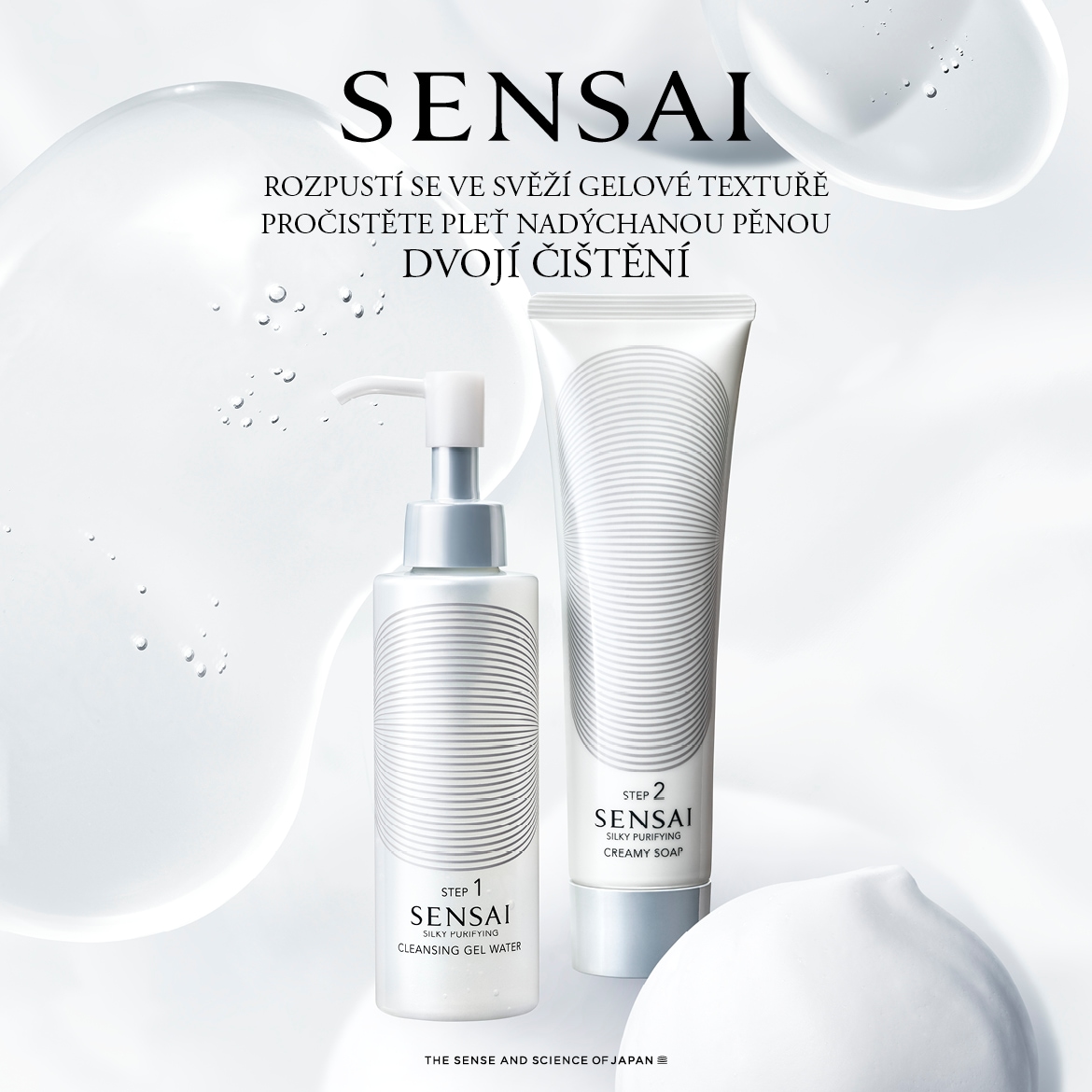 SENSAI Silky Purifying Cleansing Gel Water a Creamy Soap pro dvojí čištění pleti s gelovou texturou a nadýchanou pěnou.