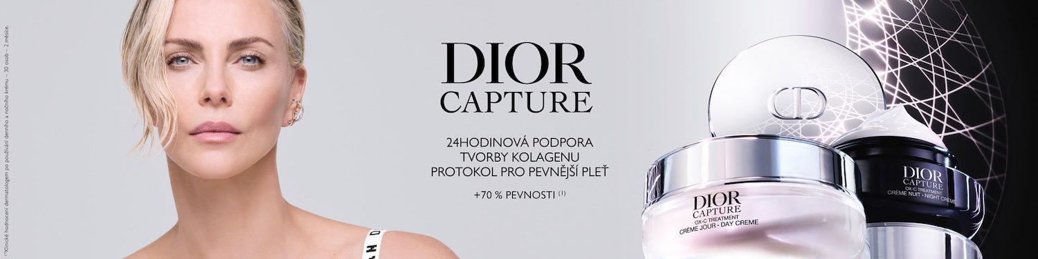 Here is an ad for Dior Capture featuring Charlize Theron and day and night creams in white and black packaging, promising 24-hour collagen support for firmer skin.