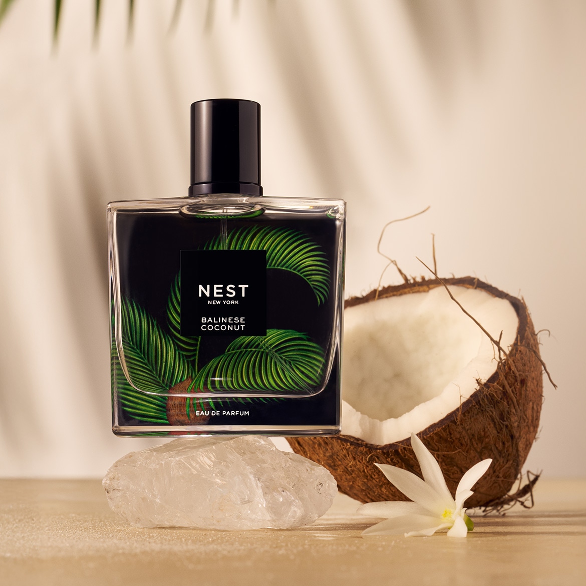 NEST New York Balinese Coconut Eau de Parfum v čirém flakonu s černým uzávěrem, zdobeném zelenými listy, stojí vedle rozkrojeného kokosu a bílého květu.