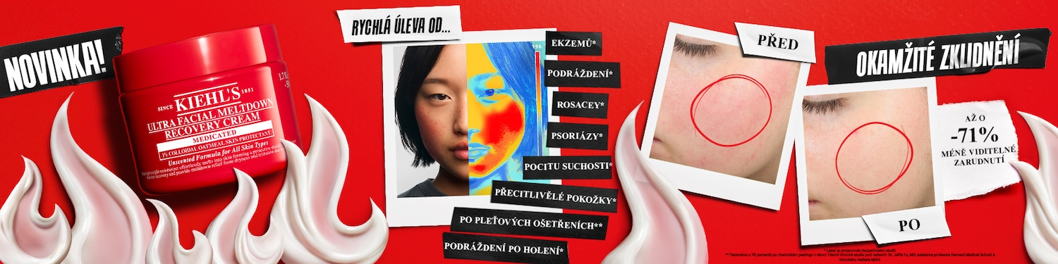 Discover Kiehl's Ultra Facial Meltdown Recovery Cream in a red jar, a medicated formula with 1% colloidal oatmeal for all skin types, offering quick relief.