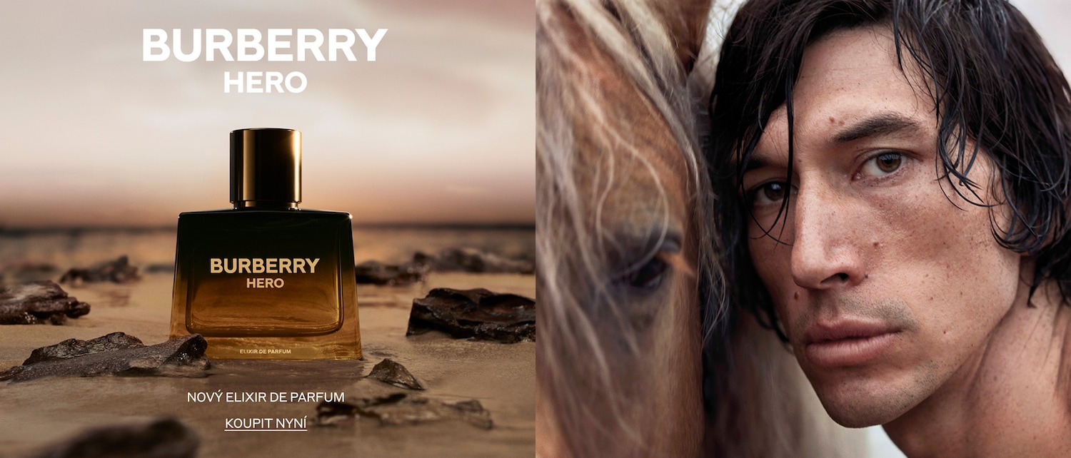 Burberry Hero Elixir de Parfum is showcased with a golden sunset backdrop, alongside actor Adam Driver intimately posed with a horse; text says 'Nový Elixir De Parfum Koupit Nyní' inviting you to discover the new fragrance.