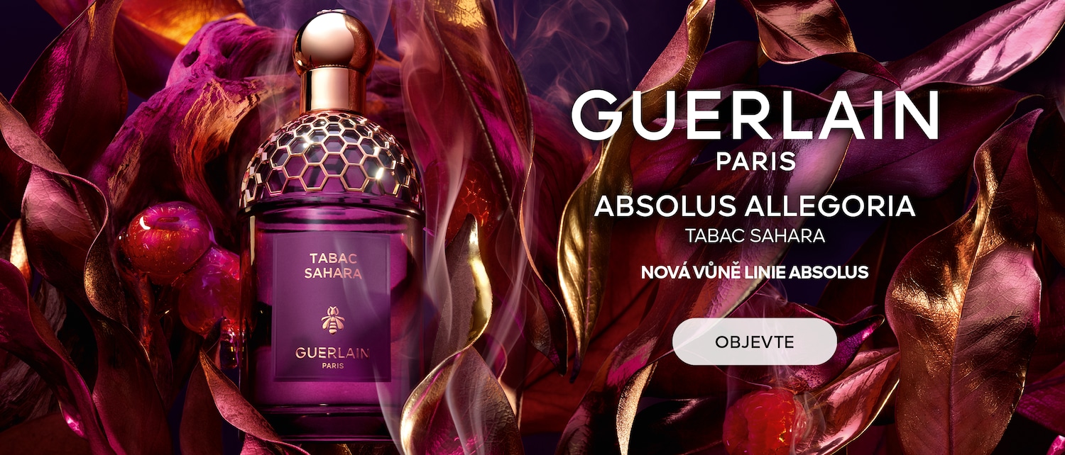 Objevte Guerlain Paris Absolus Allegoria Tabac Sahara, novou vůni linie Absolus, v purpurové lahvičce s voštinovým uzávěrem, obklopenou bronzovými listy.