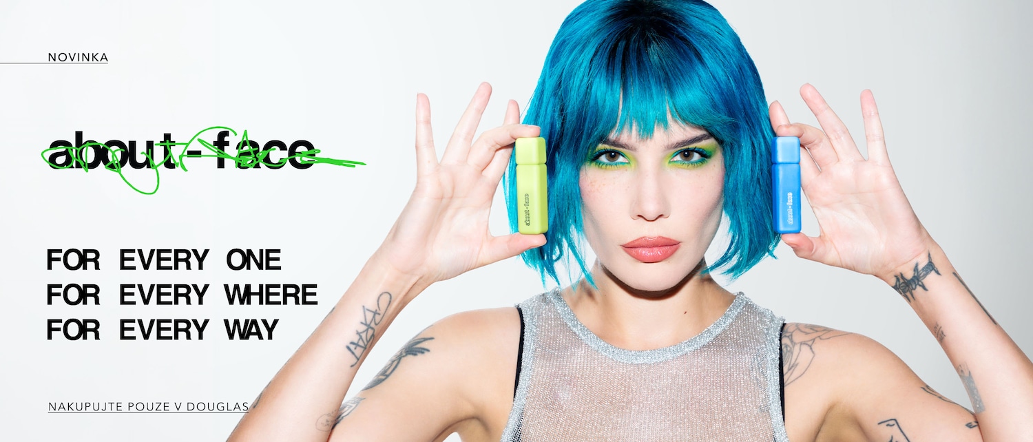 Here's a promotional visual for About-Face cosmetics, showcasing a person with blue hair holding a light green and blue product, with the text 'For every one, for every where, for every way', shop now at Douglas.