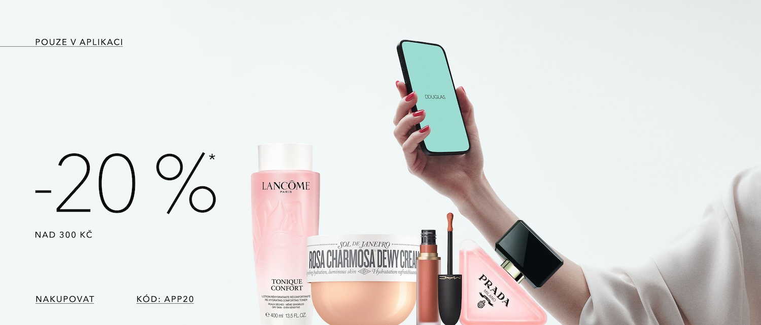 Získejte slevu 20 % na nákupy nad 300 Kč v aplikaci Douglas, použijte kód APP20 a nakupte pleťovou kosmetiku Lancome, Sol de Janeiro, rtěnku MAC a parfém Prada.