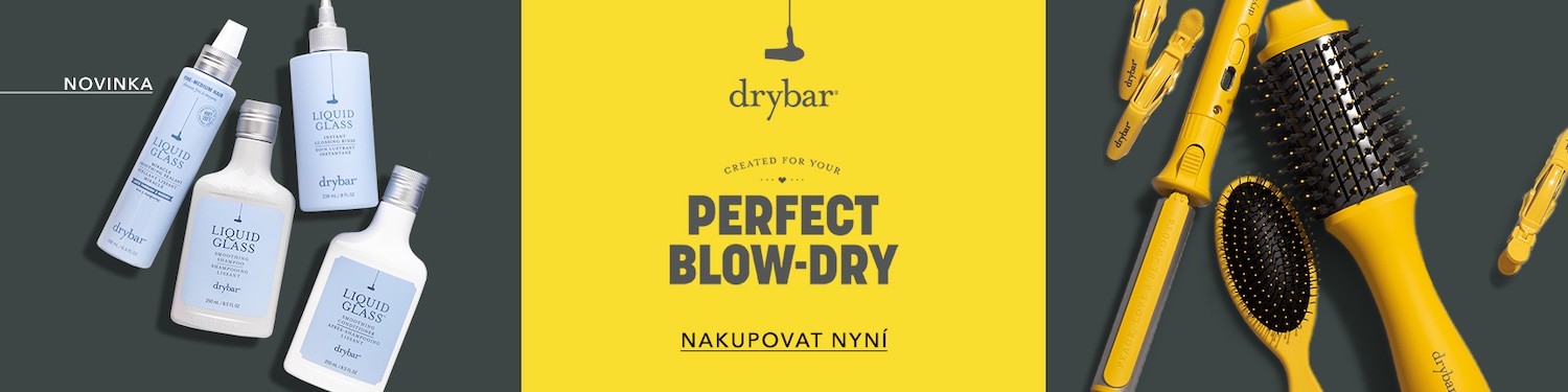 Drybar Liquid Glass kolekce obsahuje šampon, kondicionér a lesk na vlasy v světle modrých a bílých obalech.