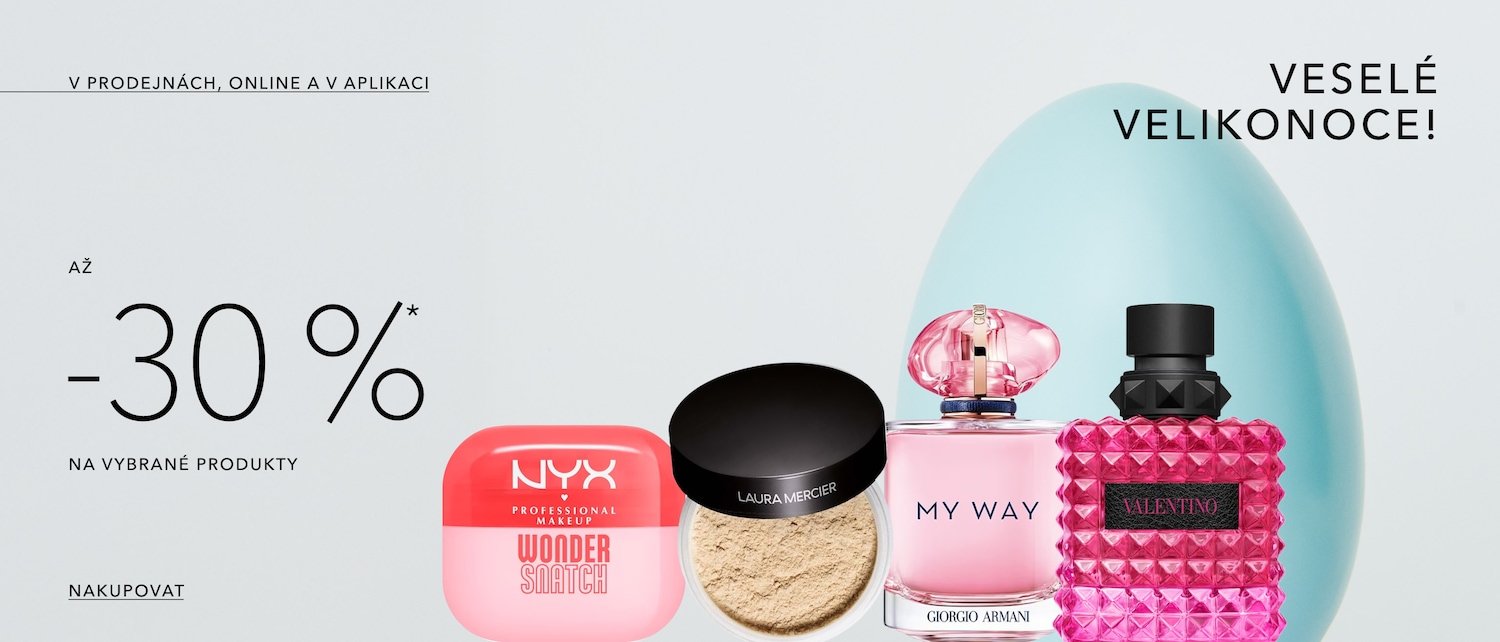 Enjoy up to 30% off selected products in stores, online, and in the app, featuring NYX Wonder Snatch, Laura Mercier powder, Giorgio Armani My Way, and Valentino perfume, wishing you a Happy Easter!