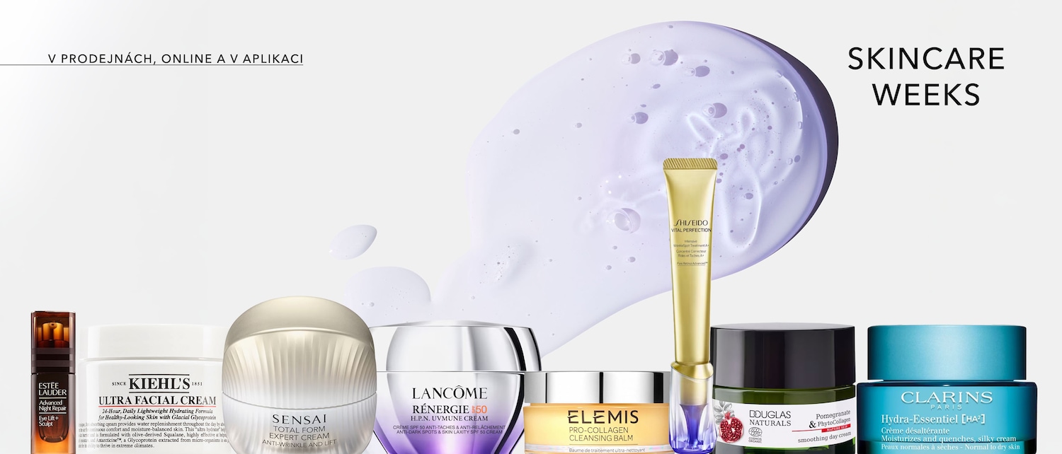 Objevte pleťové produkty od značek Estée Lauder, Kiehl's, Sensai, Lancôme, Elemis, Shiseido, Douglas Naturals a Clarins během SKINCARE WEEKS, k dostání v prodejnách, online a v aplikaci.