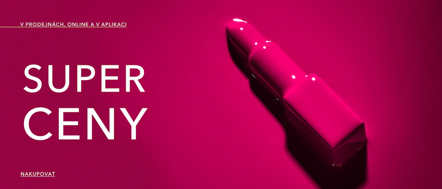Na růžovém pozadí je lesklá růžová ampule s nápisem SUPER CENY, která láká k nákupu v prodejnách, online a v aplikaci.
