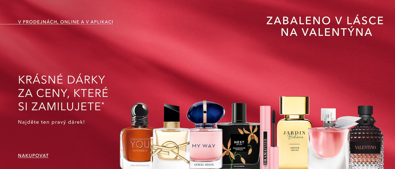 Valentine's Day banner with perfumes and cosmetics, text says: Beautiful gifts at prices you'll love, find the right gift and shop now.