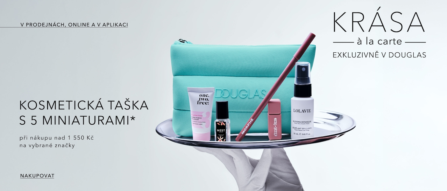 Kosmetická taška s 5 miniaturami, dostupná v prodejnách, online a v aplikaci, při nákupu nad 1 550 Kč na vybrané značky. Krása à la carte exkluzivně v Douglas.