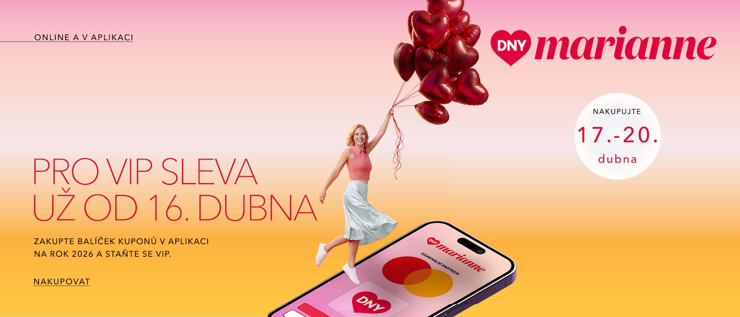 Propagační banner Dny Marianne s usměvavou ženou držící červené balónky ve tvaru srdce, textem "PRO VIP SLEVA UŽ OD 16. DUBNA" a výzvou k nákupu balíčku kuponů v aplikaci pro rok 2026.