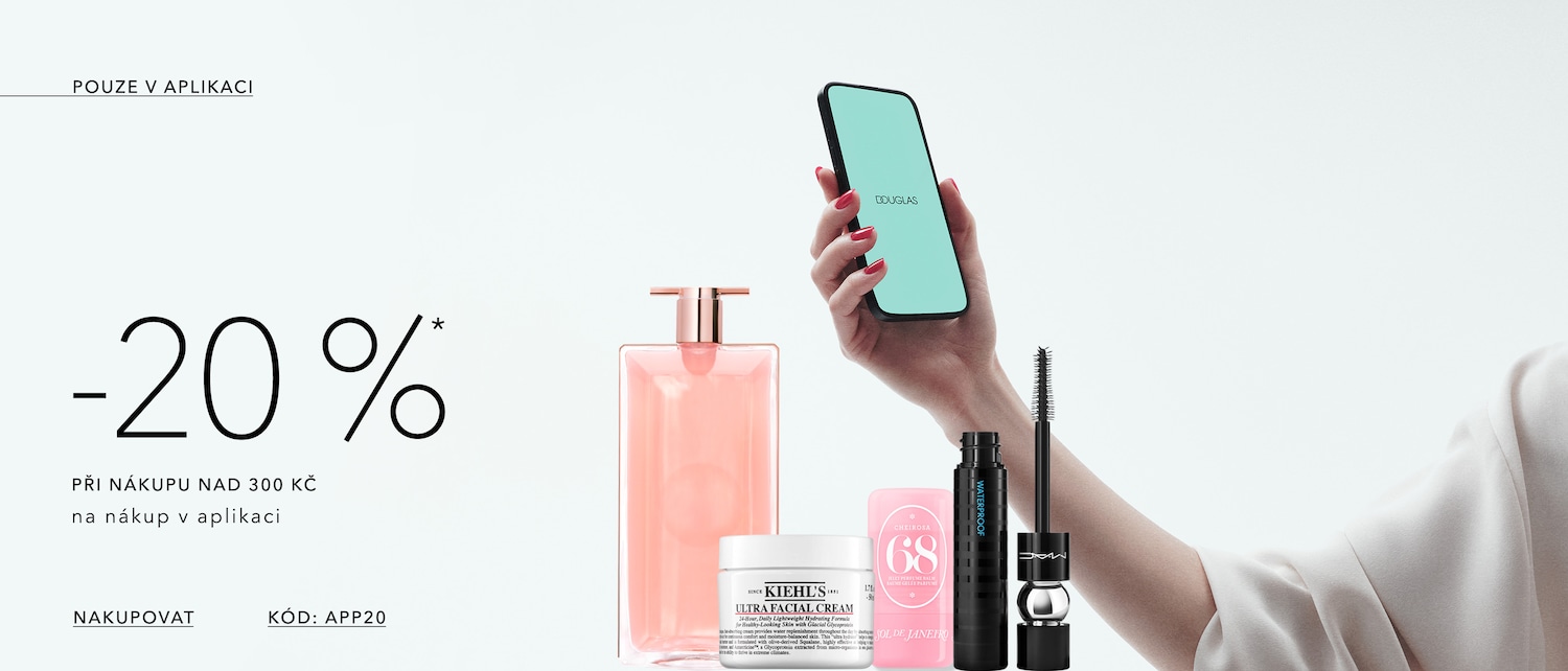 Získejte -20 % slevu při nákupu nad 300 Kč v aplikaci Douglas, objevte kosmetické produkty jako krém Kiehl's, parfém Sol de Janeiro a řasenku.