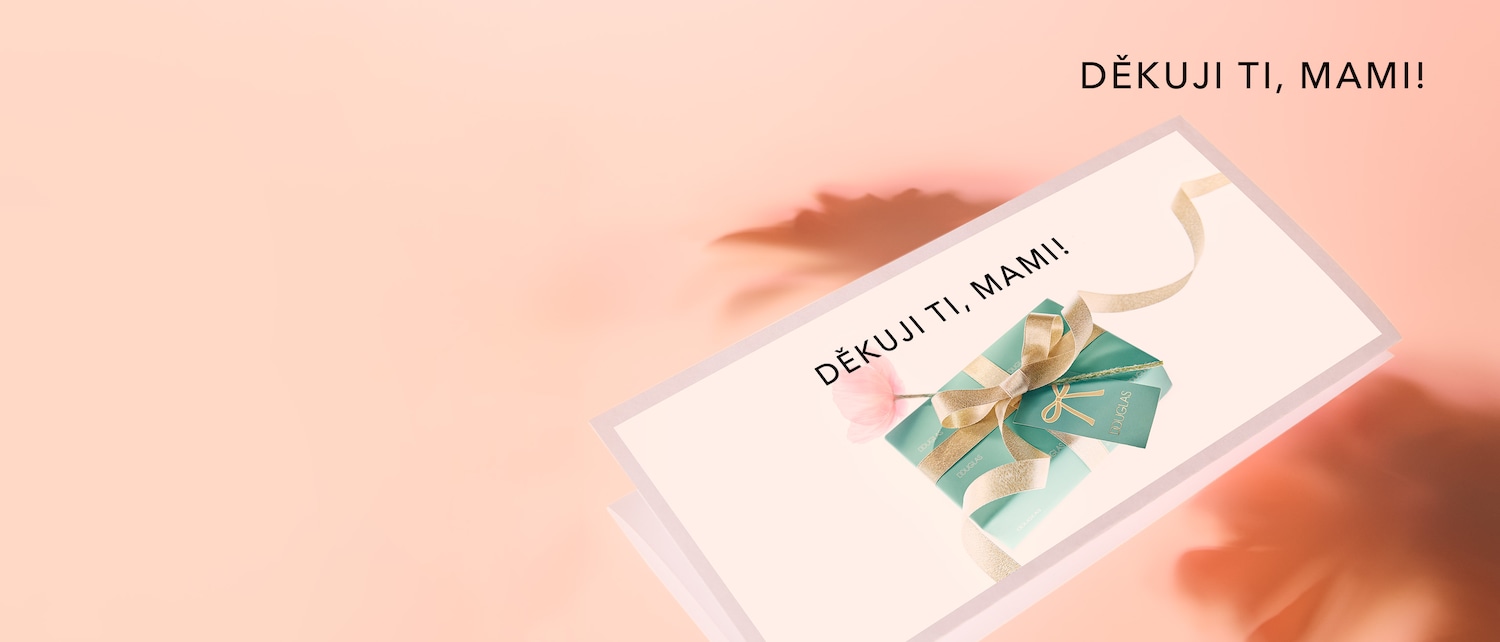 Světle růžové pozadí s kartou, na které je napsáno „Děkuji ti, mami!“ a je na ní zelenomodrý dárek s mašlí.