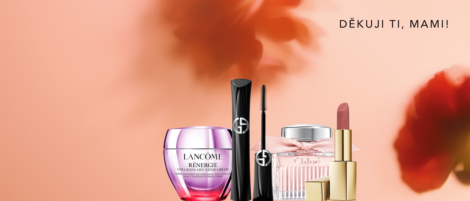Thank your mom with beauty products like Lancôme Rénergie cream in a gradient pink jar, Giorgio Armani mascara, Chloé perfume with a pink ribbon, and nude lipstick.