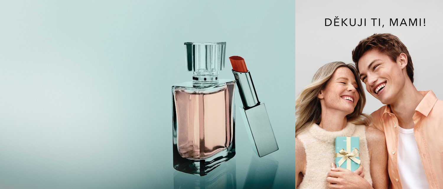 Elegantní flakon parfému a rtěnka v odstínu červené, ideální dárek pro maminku, vyjádřete svou vděčnost s nápisem: Děkuji ti, mami!