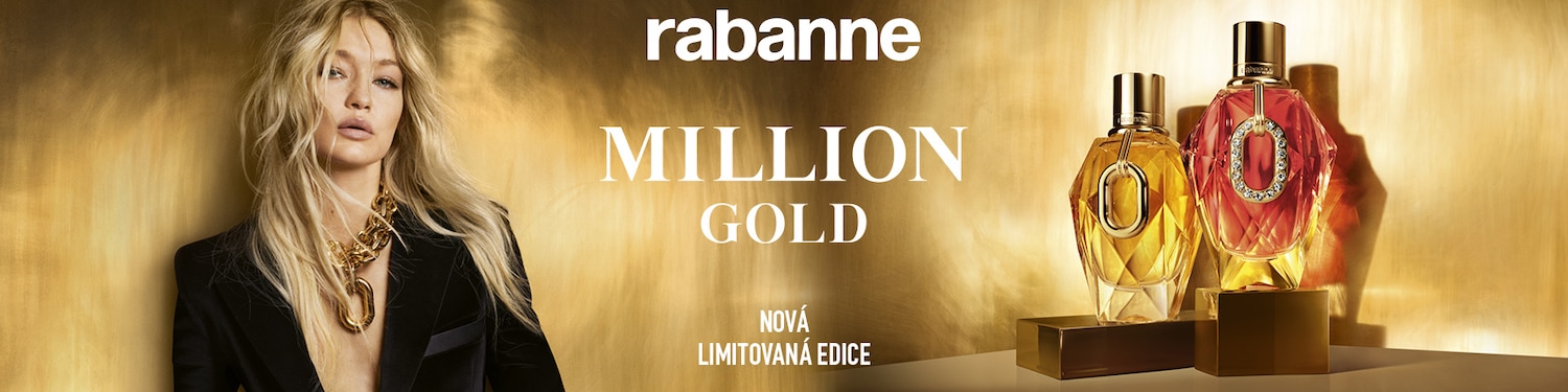 Banner s Gigi Hadid propaguje novou limitovanou edici vůně Rabanne Million Gold, která se skládá ze dvou flakonů: jeden je žlutý a druhý červený.
