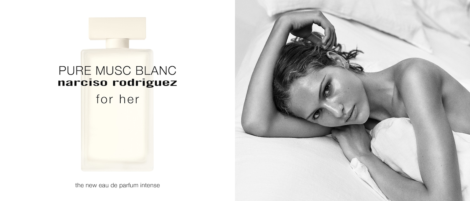 Bílý flakon parfému Pure Musc Blanc od Narciso Rodriguez pro ženy, nový intenzivní parfém.