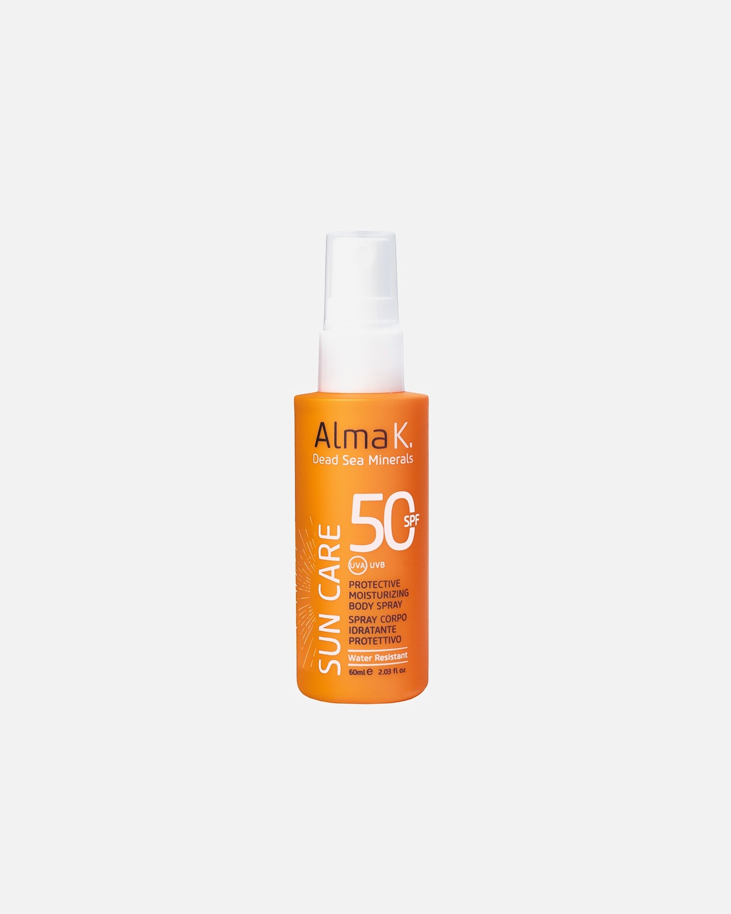 Sprej na opalování po Pro ženyAlma KMini velikost - Ochranný hydratační tělový sprej SPF 50 60ml60 ml