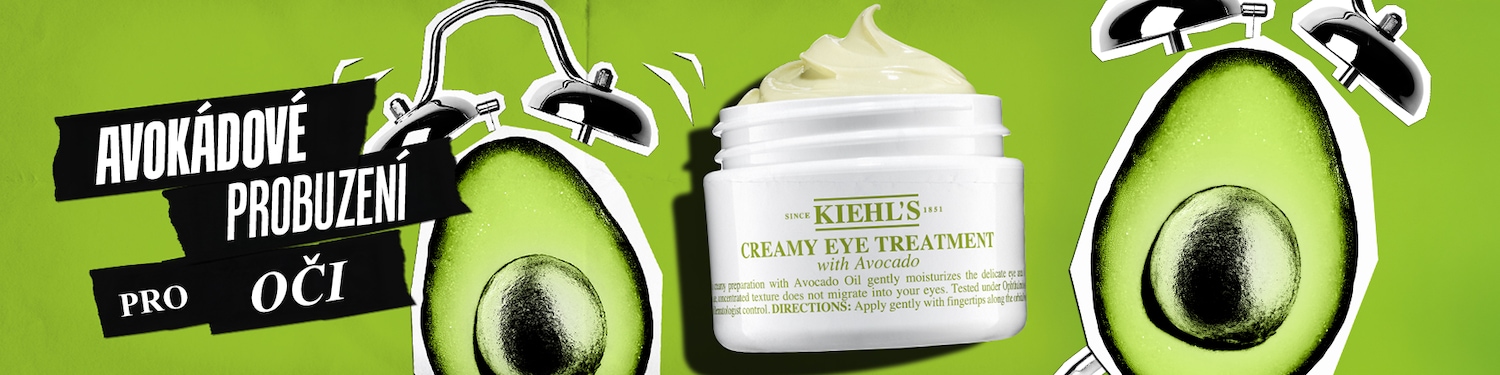 Zelené pozadí s avokádem a budíkem, které symbolizují ranní probuzení očí s očním krémem Kiehl's Creamy Eye Treatment s avokádem.