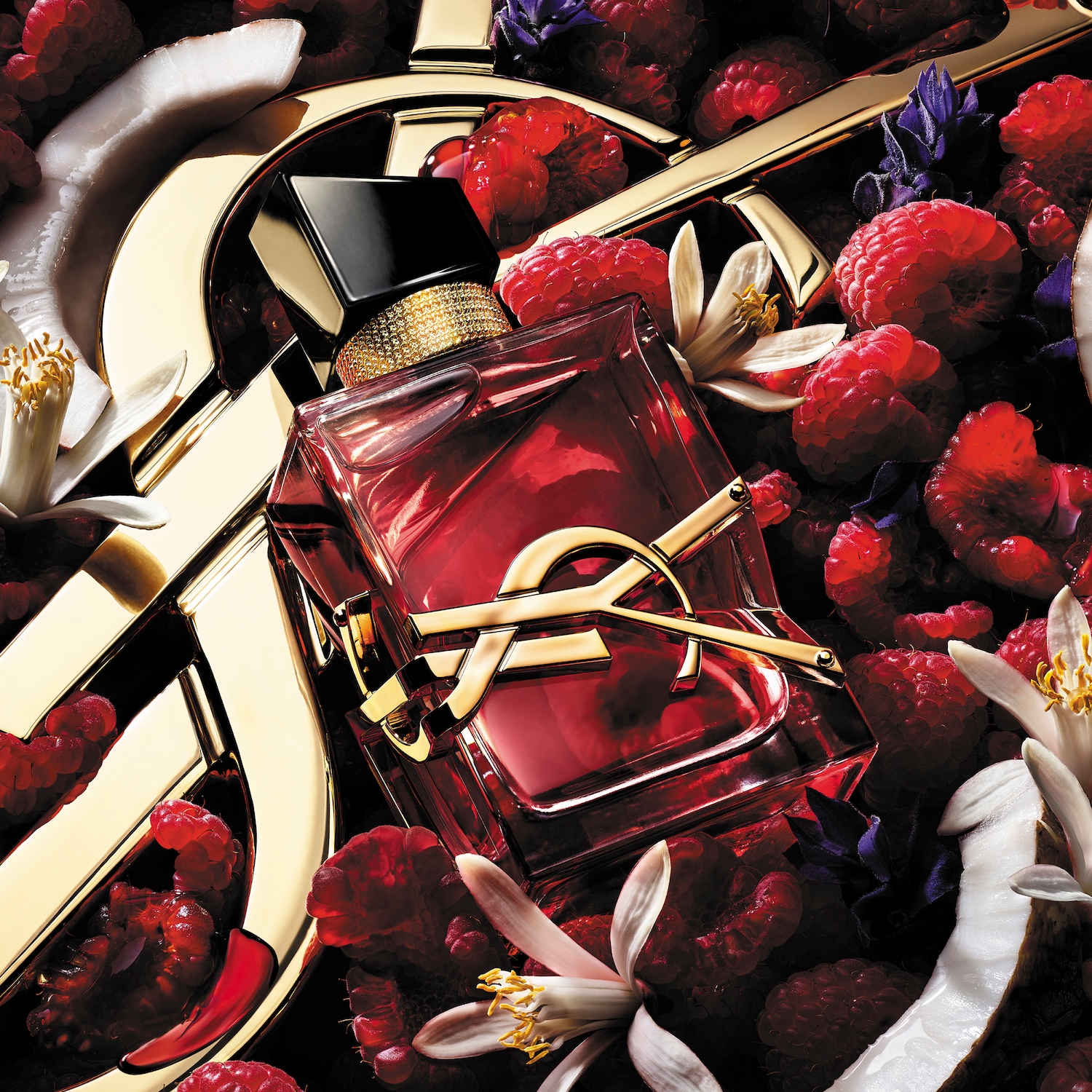Červený parfém s logem YSL ve zlaté barvě, obklopený malinami, kokosem a bílými květy.